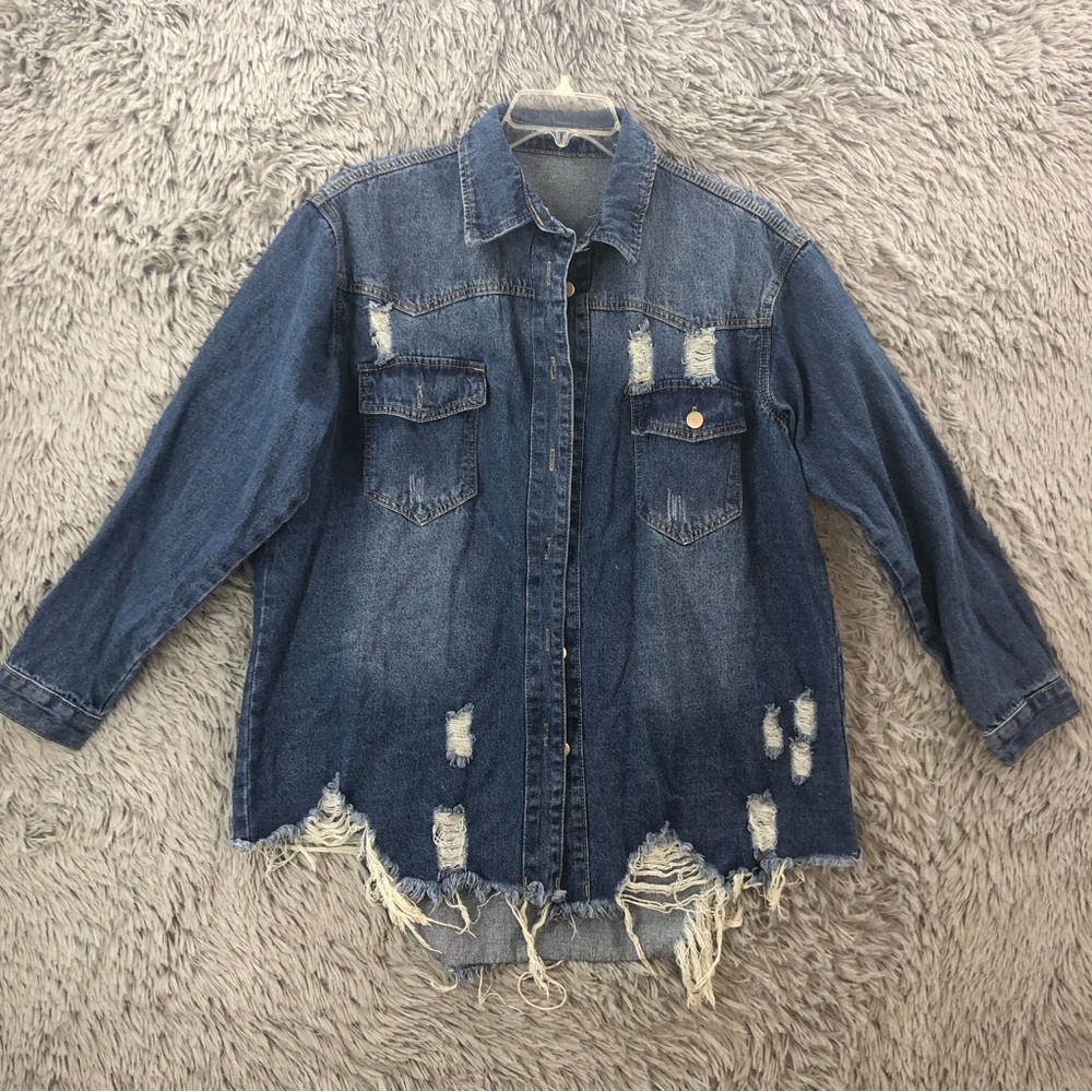 Shein Jacket Womens XS Fits like XL Destroyed Distressed Denim Shacket Shirt